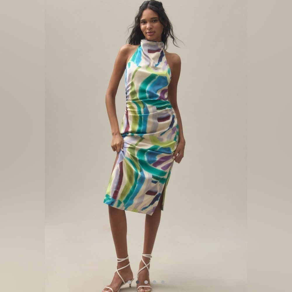 BHLDN Anthropologie Simone Halter Satin Midi Dress Size Small Ruched EUC